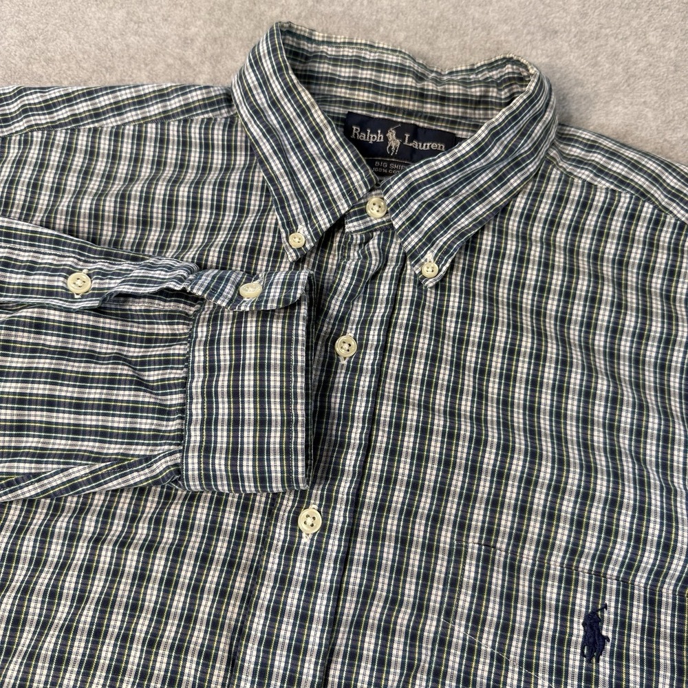Ralph Lauren Big Shirt Large Plaid Button Down Oxford 100% Cotton Blue Green USA